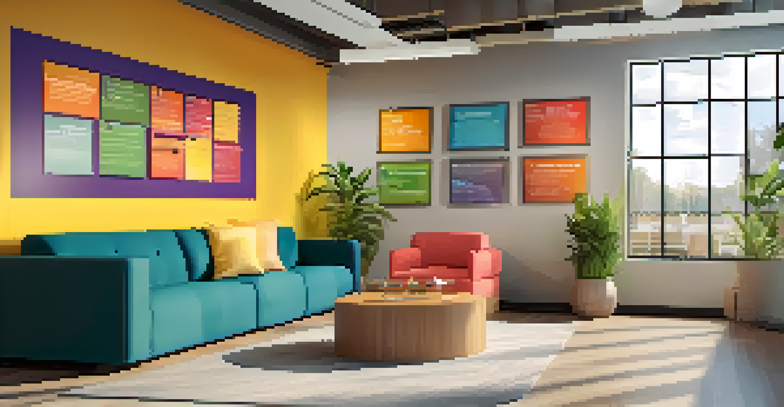 A bright break room with a wellness board and cozy seating, filled with natural light and colorful decor.
