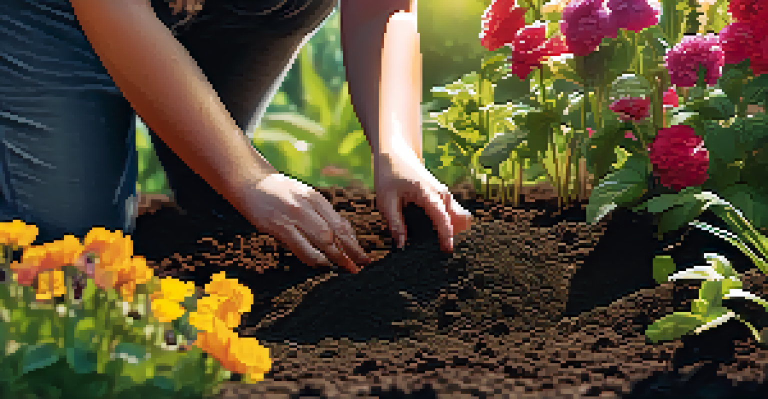 Close-up of hands planting colorful flowers in dark soil, surrounded by a vibrant garden with sunlight filtering through the leaves.