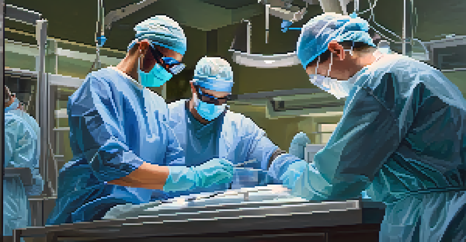 A surgeon in an operating room performing a surgical procedure, with instruments and bright lights visible.