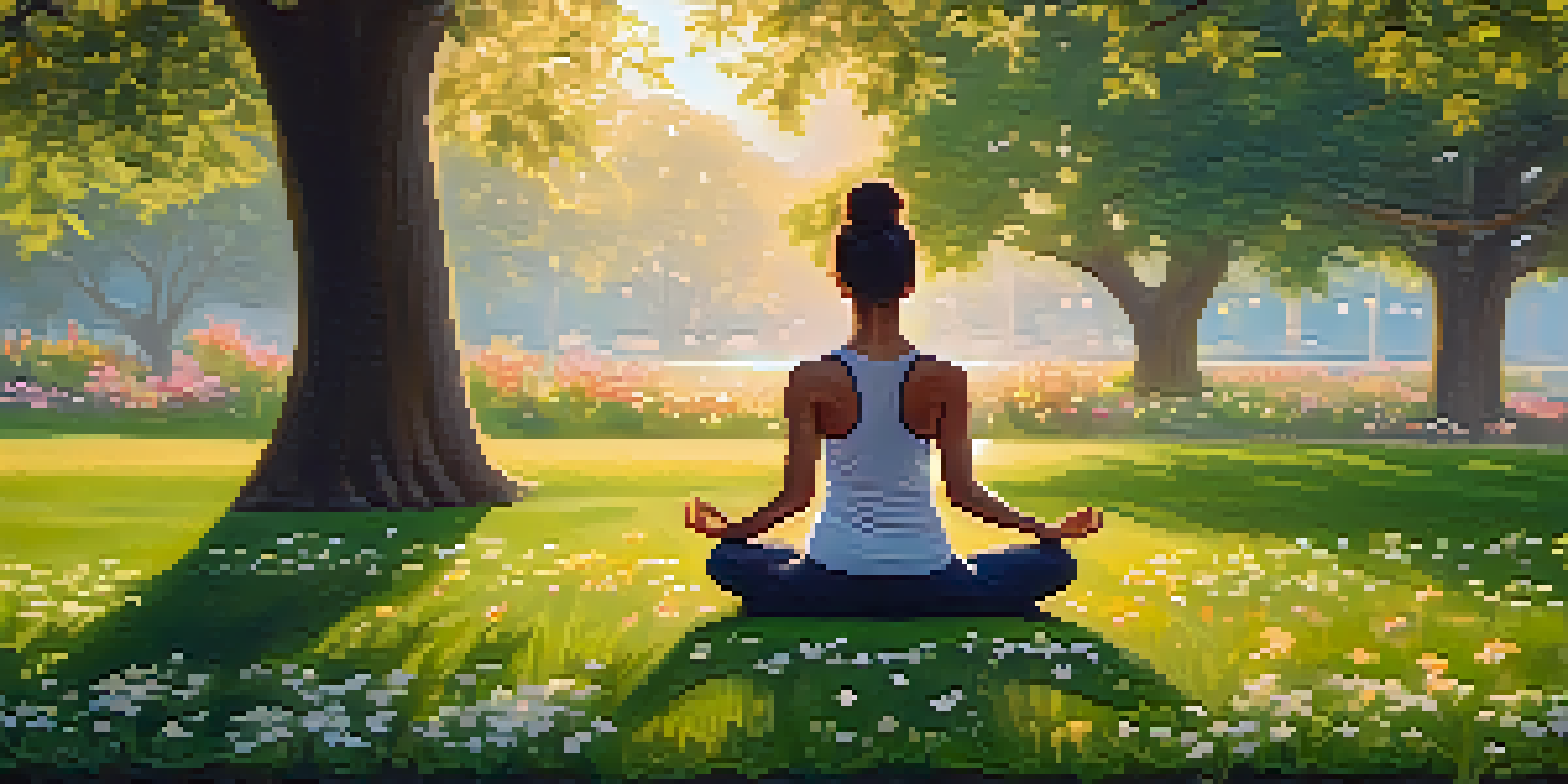 A person practicing yoga in a peaceful green park during sunrise, surrounded by flowers and nature.