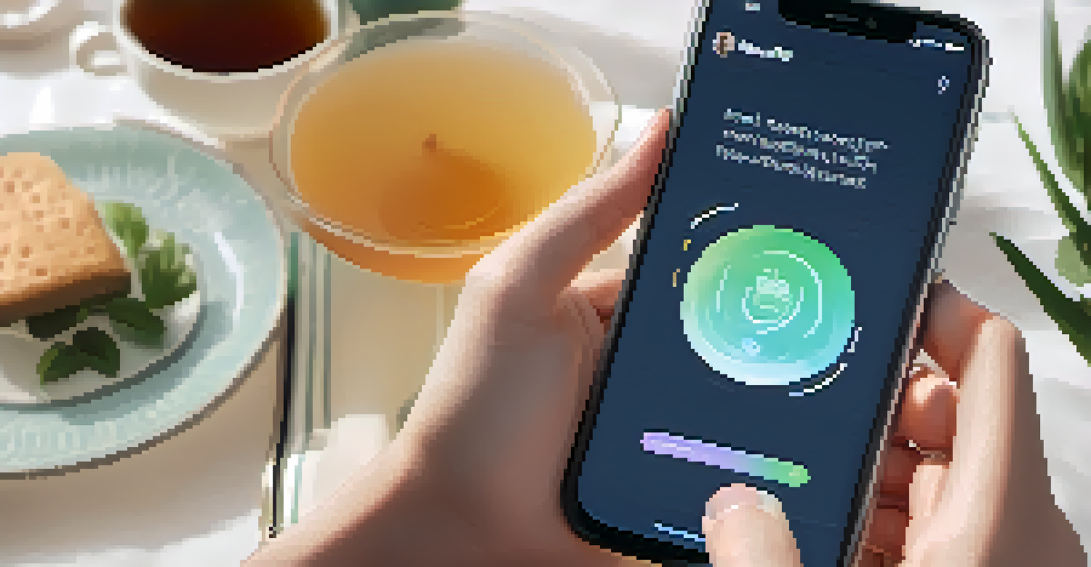 A smartphone displaying a mental health app interface with mood tracking and reminders, set on a cozy table.