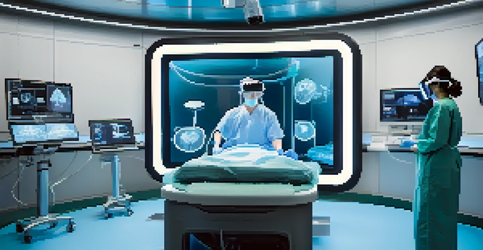 A healthcare professional engaged in a virtual reality surgery simulation, with advanced medical equipment and a virtual patient on display.