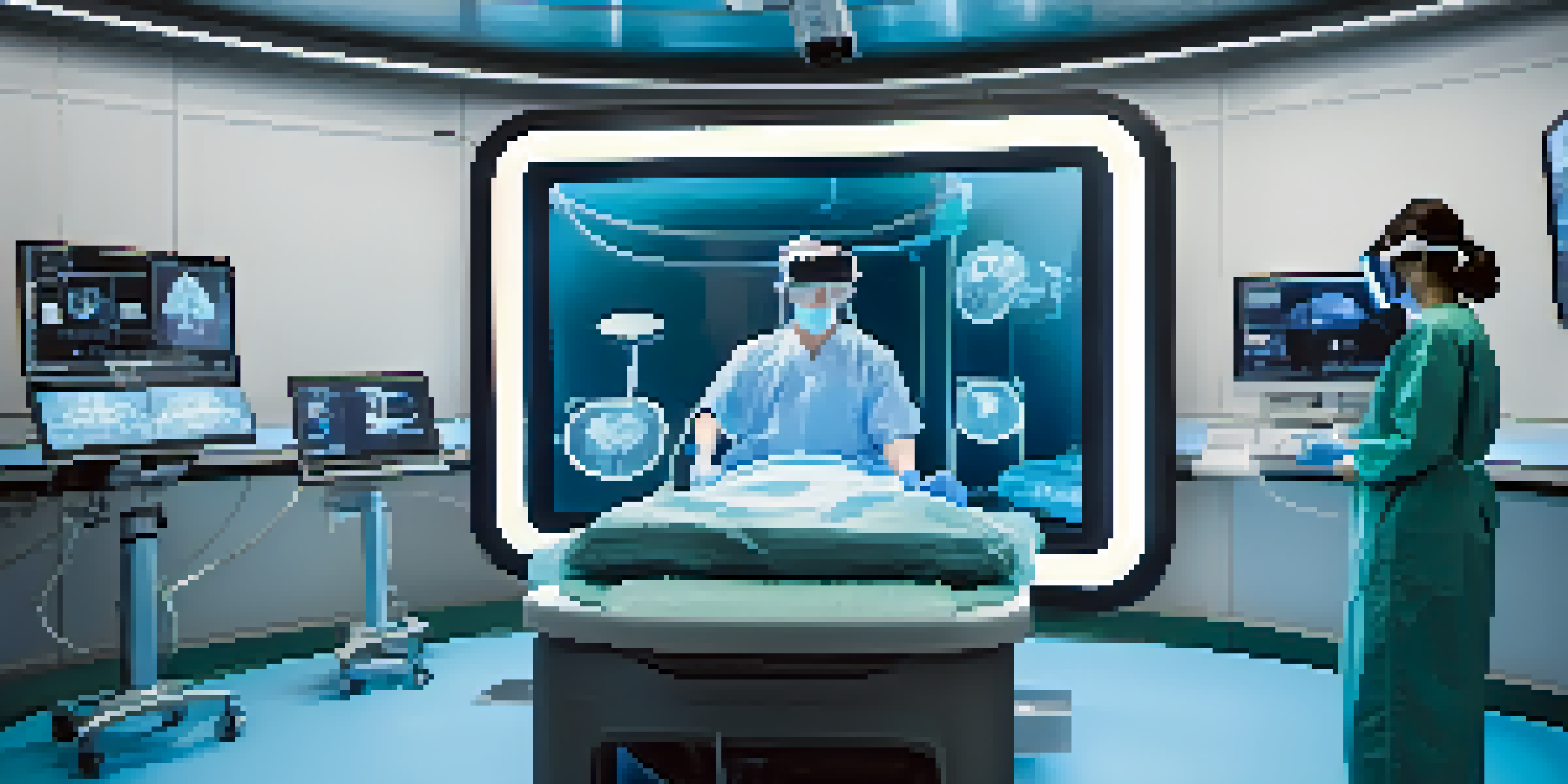 A healthcare professional engaged in a virtual reality surgery simulation, with advanced medical equipment and a virtual patient on display.
