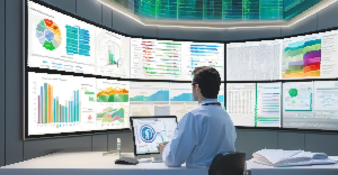 A healthcare professional examining data visualizations on a large screen in a clinic, with medical charts and patient records around them.