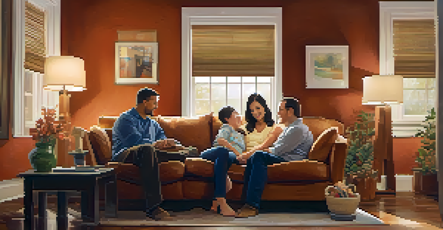 A family portrait in a cozy living room, with parents embracing their child who has a rare disease, surrounded by family photos and warm lighting.