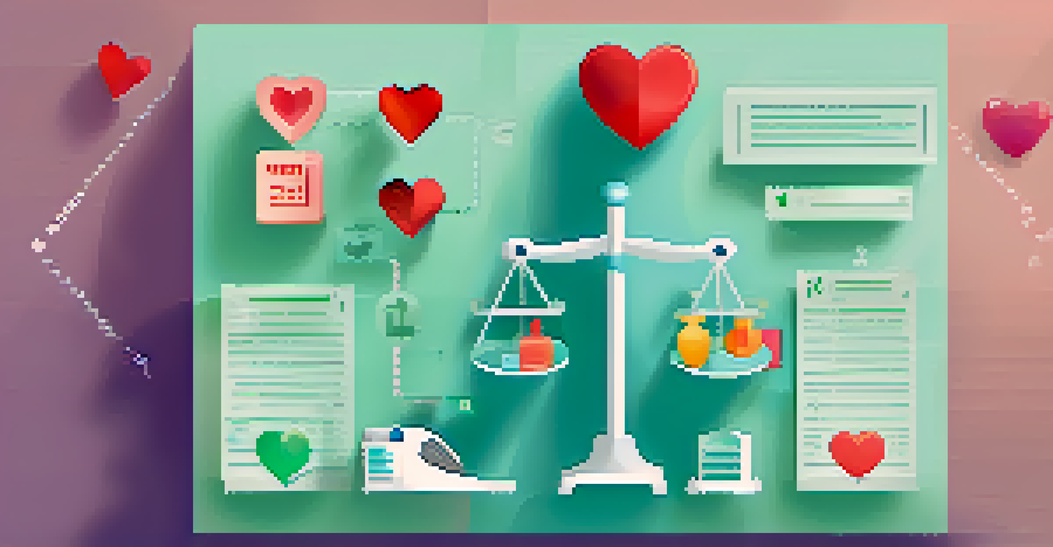 An infographic showing a scale balancing medical treatments with dollar signs and health benefit icons against a gradient background of blue and green.