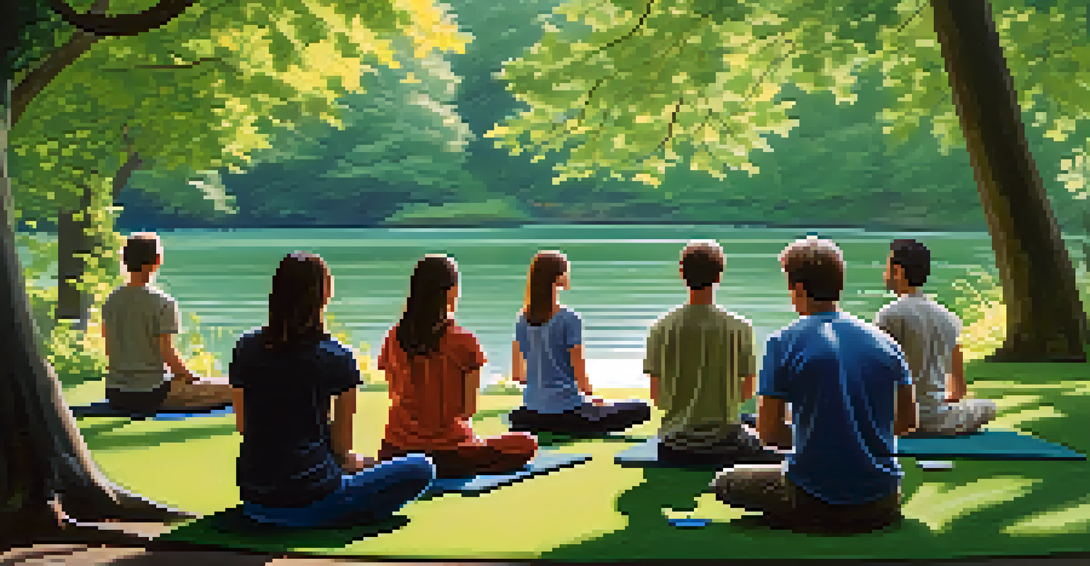 A group of people meditating in a green park by a serene lake, promoting relaxation and mindfulness.
