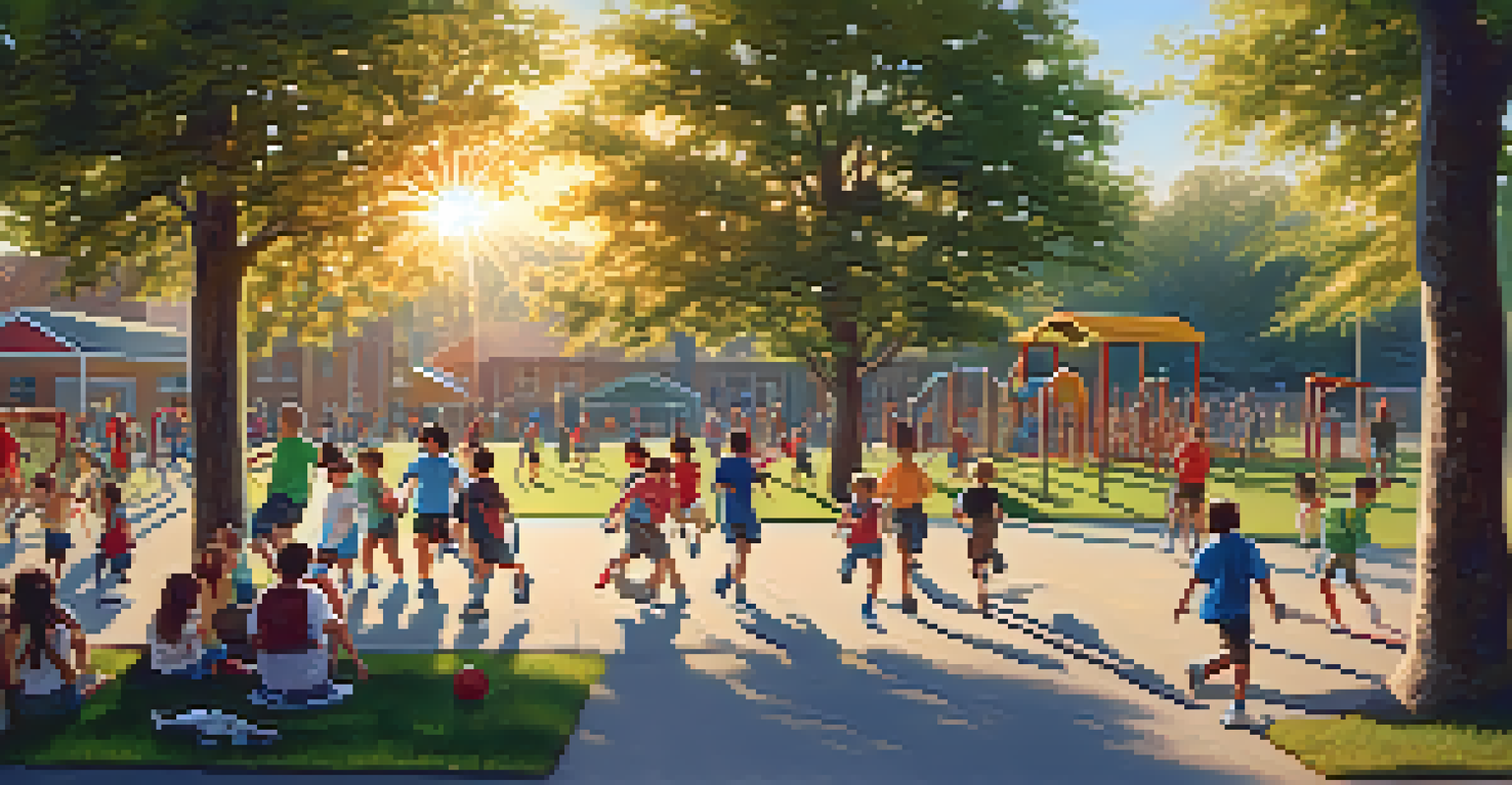 Children playing and engaging in physical activities on a sunny school playground, with trees and colorful equipment in the background.
