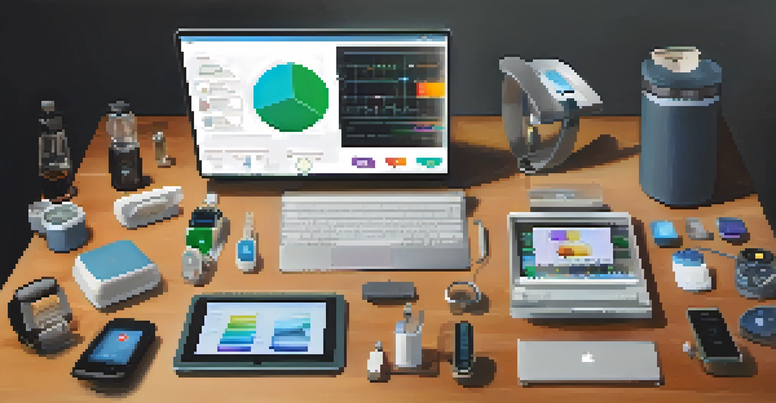 A person at a desk with multiple wearable health devices and a laptop displaying health data in a warm-lit room.