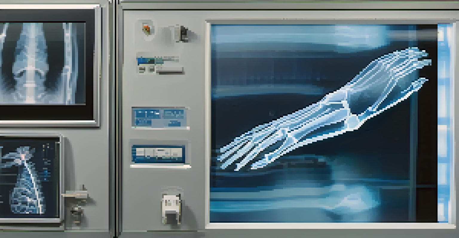 A close-up view of a digital X-ray machine displaying a clear image of a wrist.