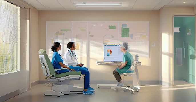 A healthcare professional and a patient discussing a personalized care plan in a bright clinic, with health data visible on a computer screen.