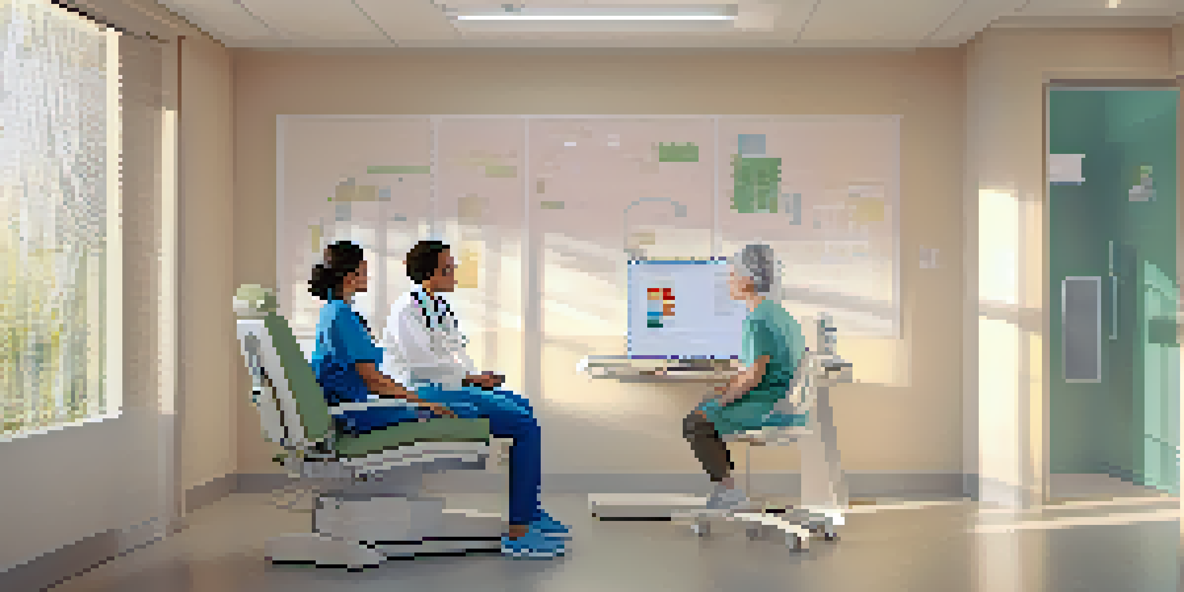 A healthcare professional and a patient discussing a personalized care plan in a bright clinic, with health data visible on a computer screen.