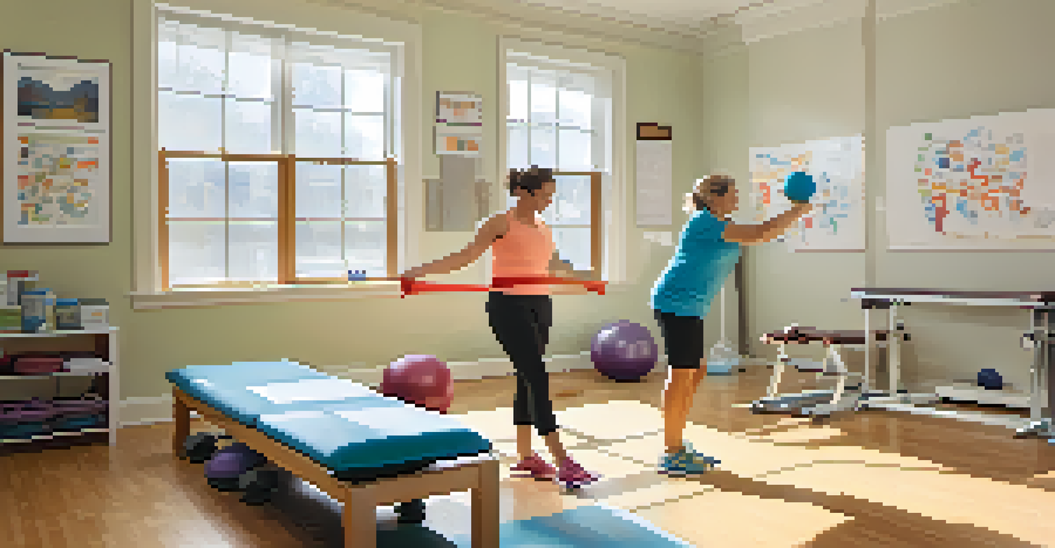 A physical therapist helping a patient with stretching exercises in a well-lit therapy room.