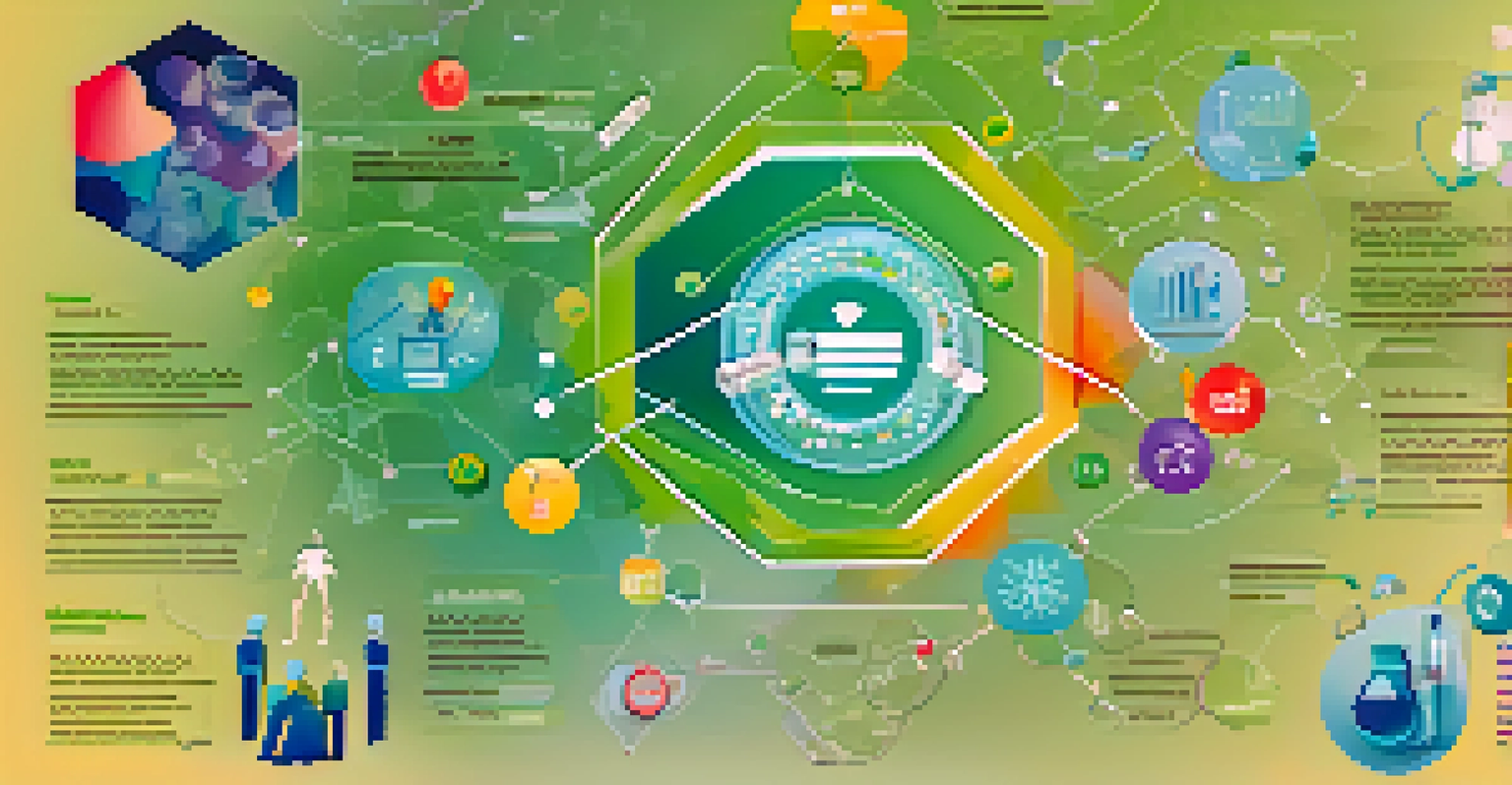 An infographic showing pharmacogenomics with a human figure, colorful genetic markers, and medication icons, set against a gradient background of greens and blues.