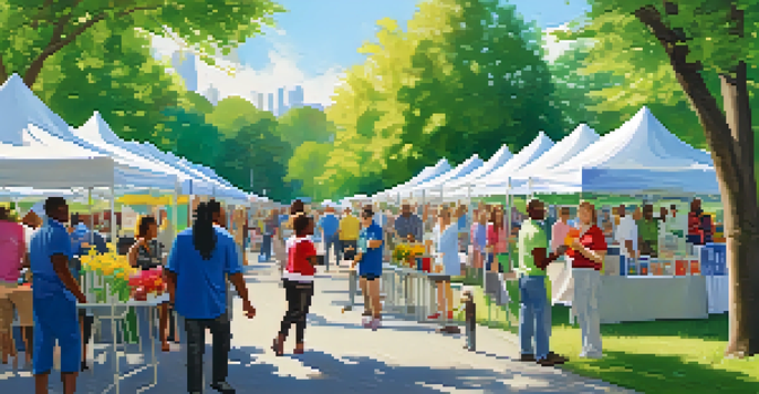 A lively community health fair in a park, with diverse people receiving free health screenings and interacting with healthcare professionals under sunny weather.