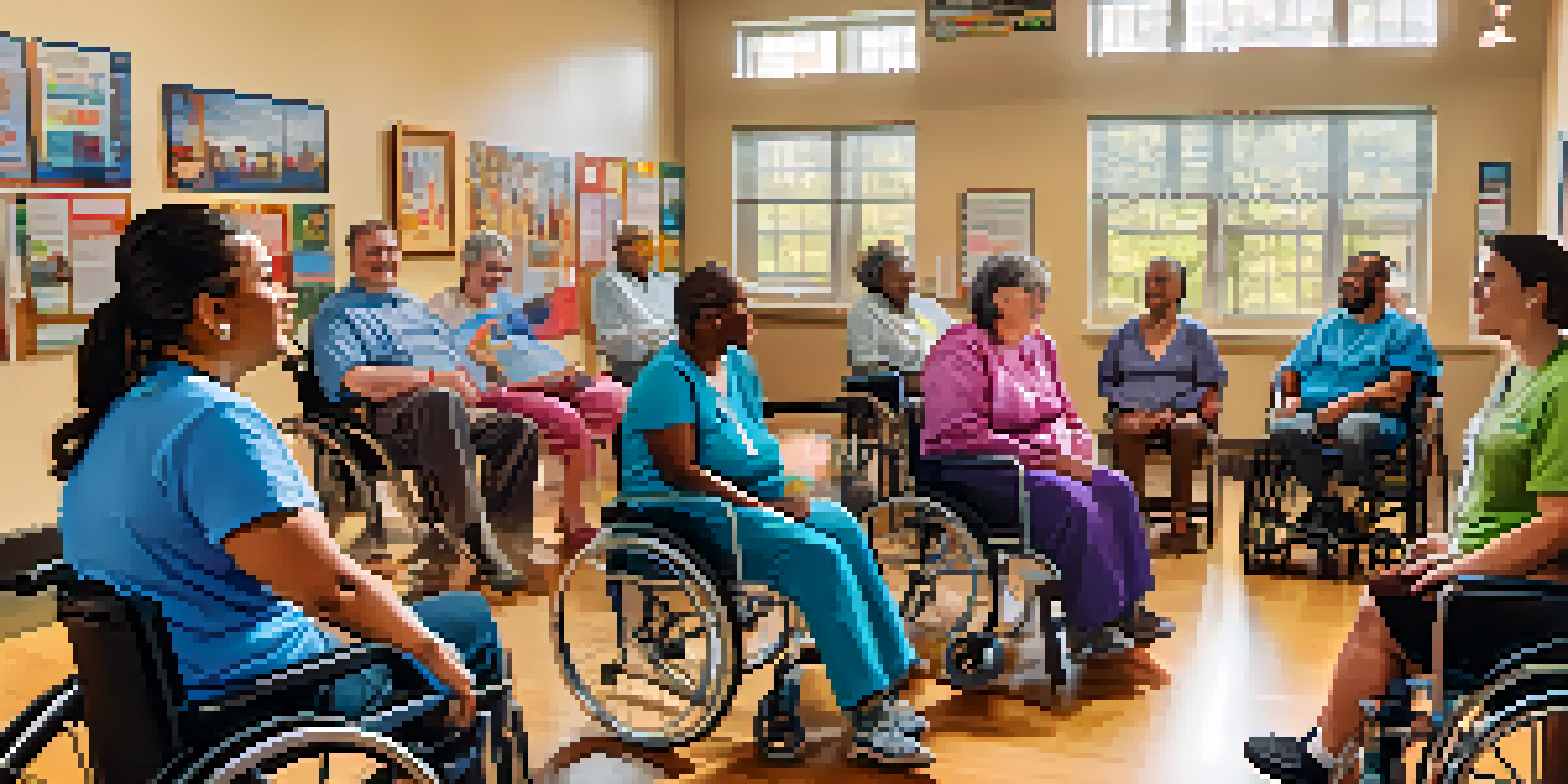 A diverse group of people with disabilities discussing healthcare access in a community center, surrounded by colorful advocacy posters and assistive devices.