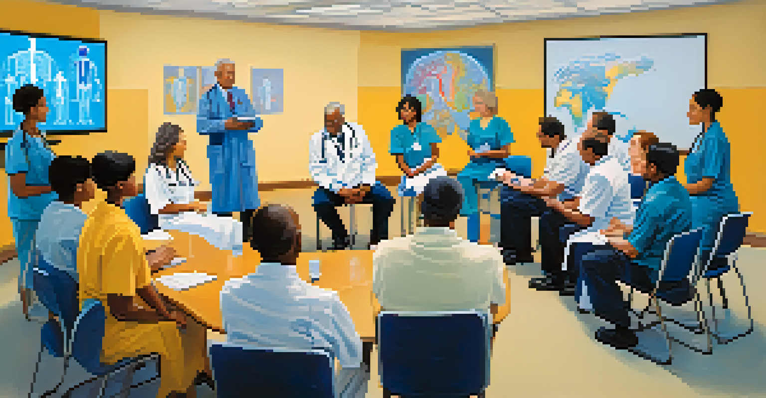 A diverse group of patients and healthcare providers engaged in a shared decision-making meeting with visual aids.