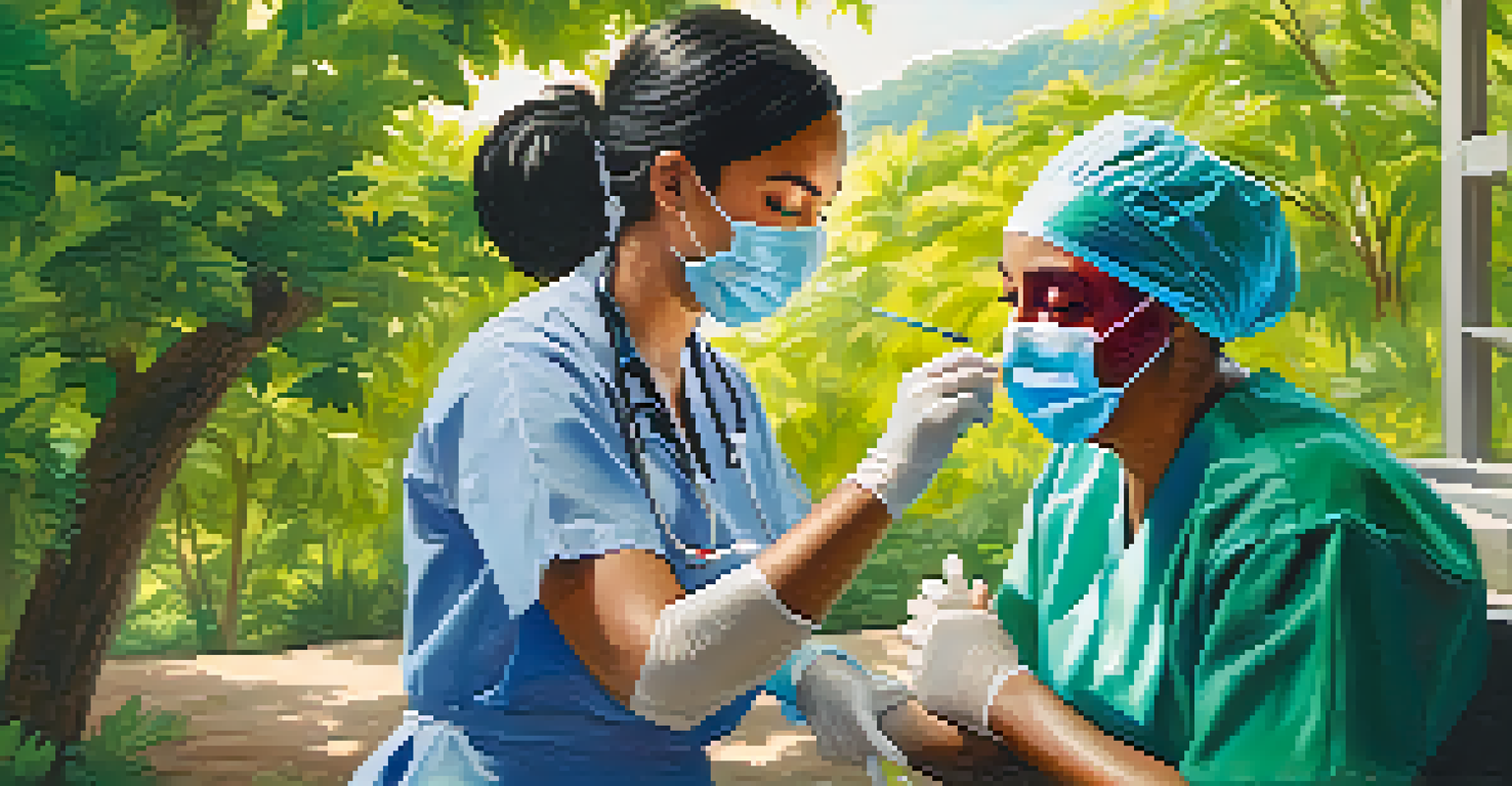 A healthcare worker giving a vaccine to a patient outdoors in a community setting, with greenery around them.