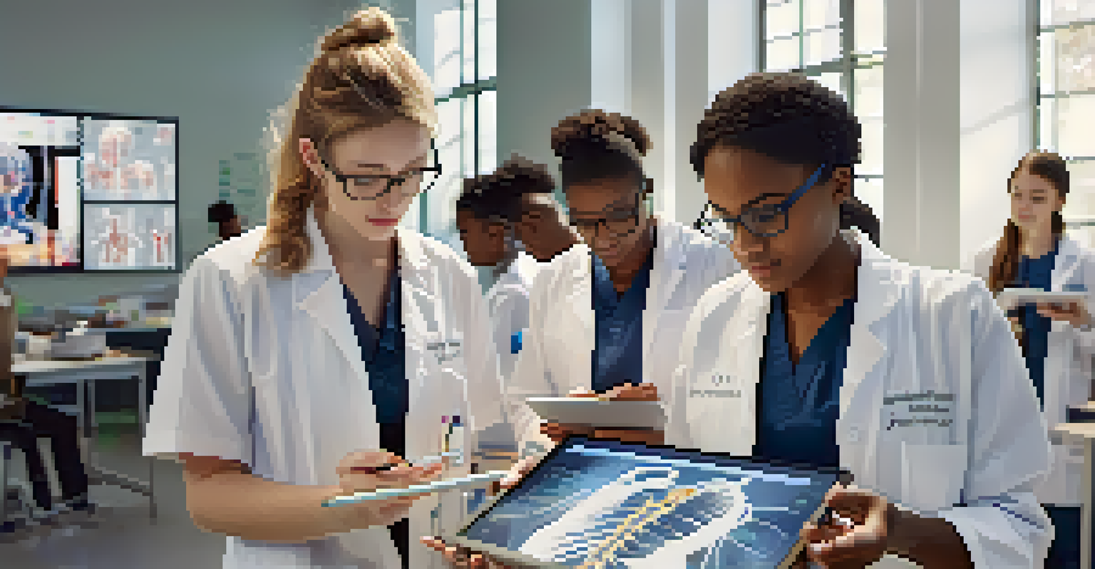 Medical students using augmented reality technology to study anatomy, with 3D models visible in their environment.