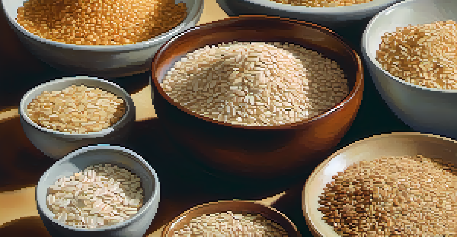 Close-up of bowls filled with whole grains like quinoa, brown rice, and oats on a linen cloth, illuminated by warm golden light.
