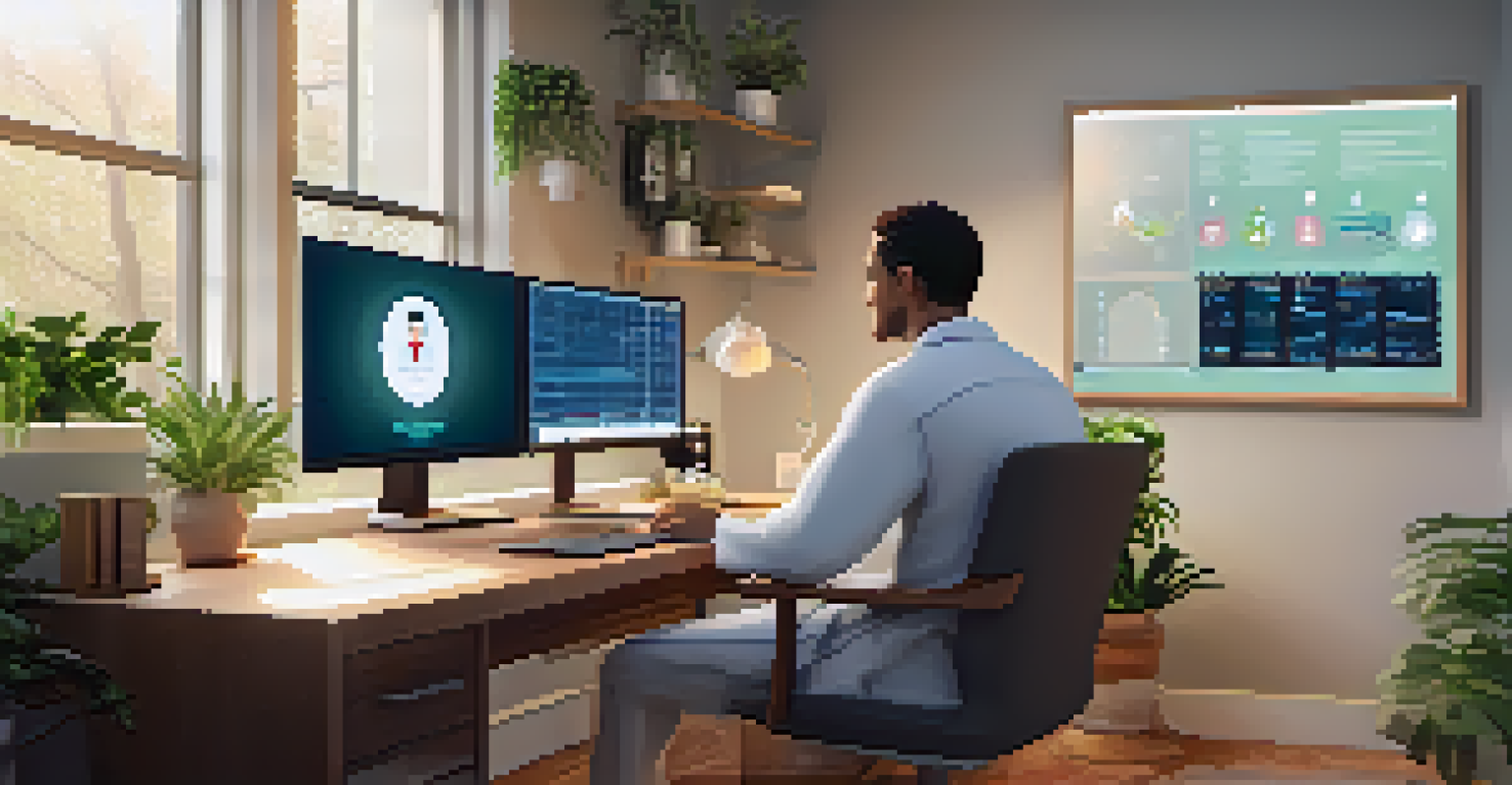 A telemedicine consultation displayed on a computer in a cozy home office.