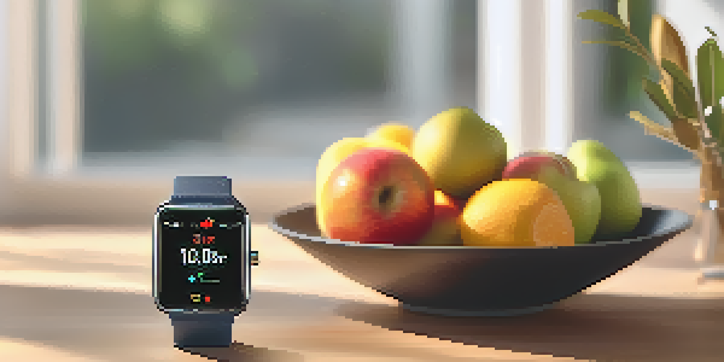 A smartwatch showing health metrics on a wooden table with a fruit bowl in the background.