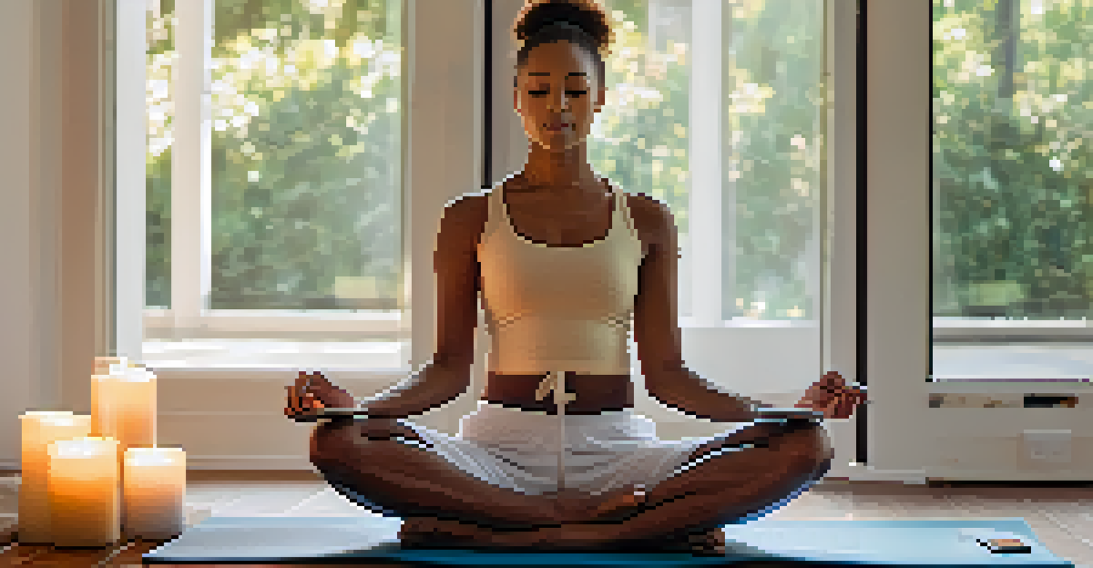 A person on a yoga mat using a smartphone to track health goals in a calming, well-lit room with cushions and candles.