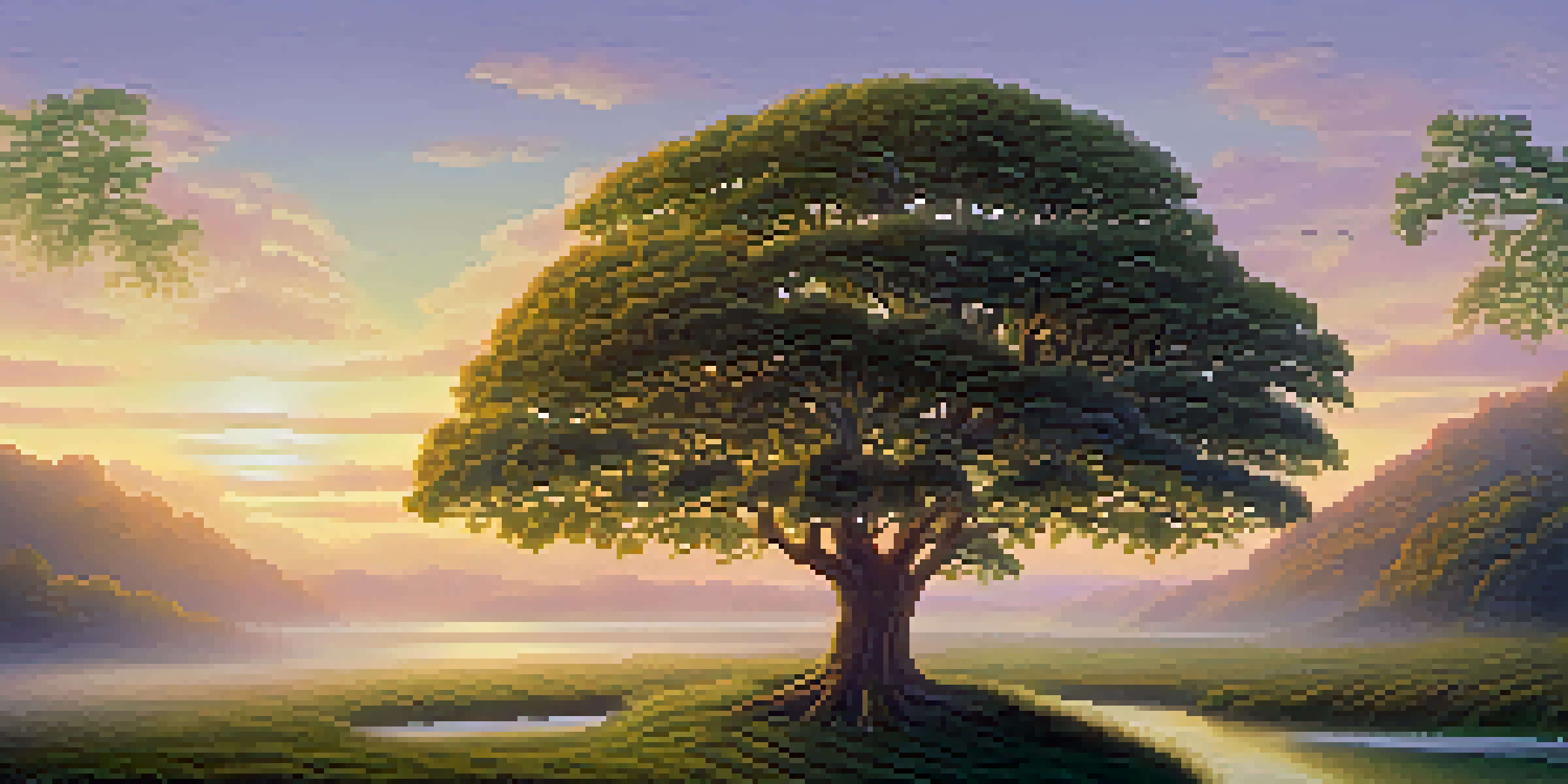 A peaceful landscape showing two glowing adrenal glands on top of kidneys, surrounded by greenery and a soft sunrise, with mist rising from the ground.