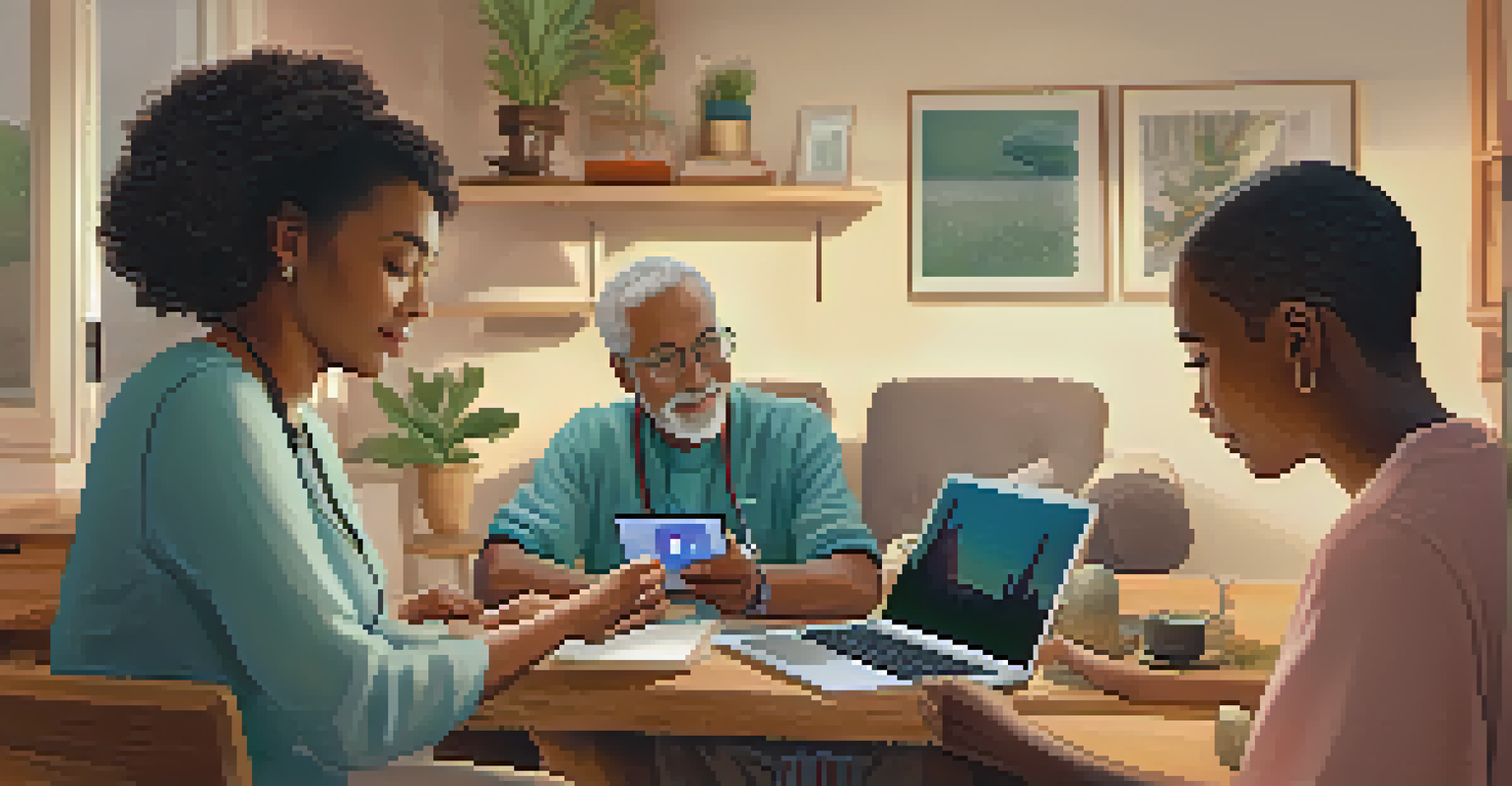 A diverse group of patients, including a young woman with a tablet, an elderly man on a laptop, and a parent with a child on a smartphone, all engaging in telehealth consultations in a cozy setting.