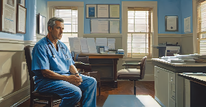 A middle-aged man in a doctor's office sitting on an examination table, looking thoughtful and calm.