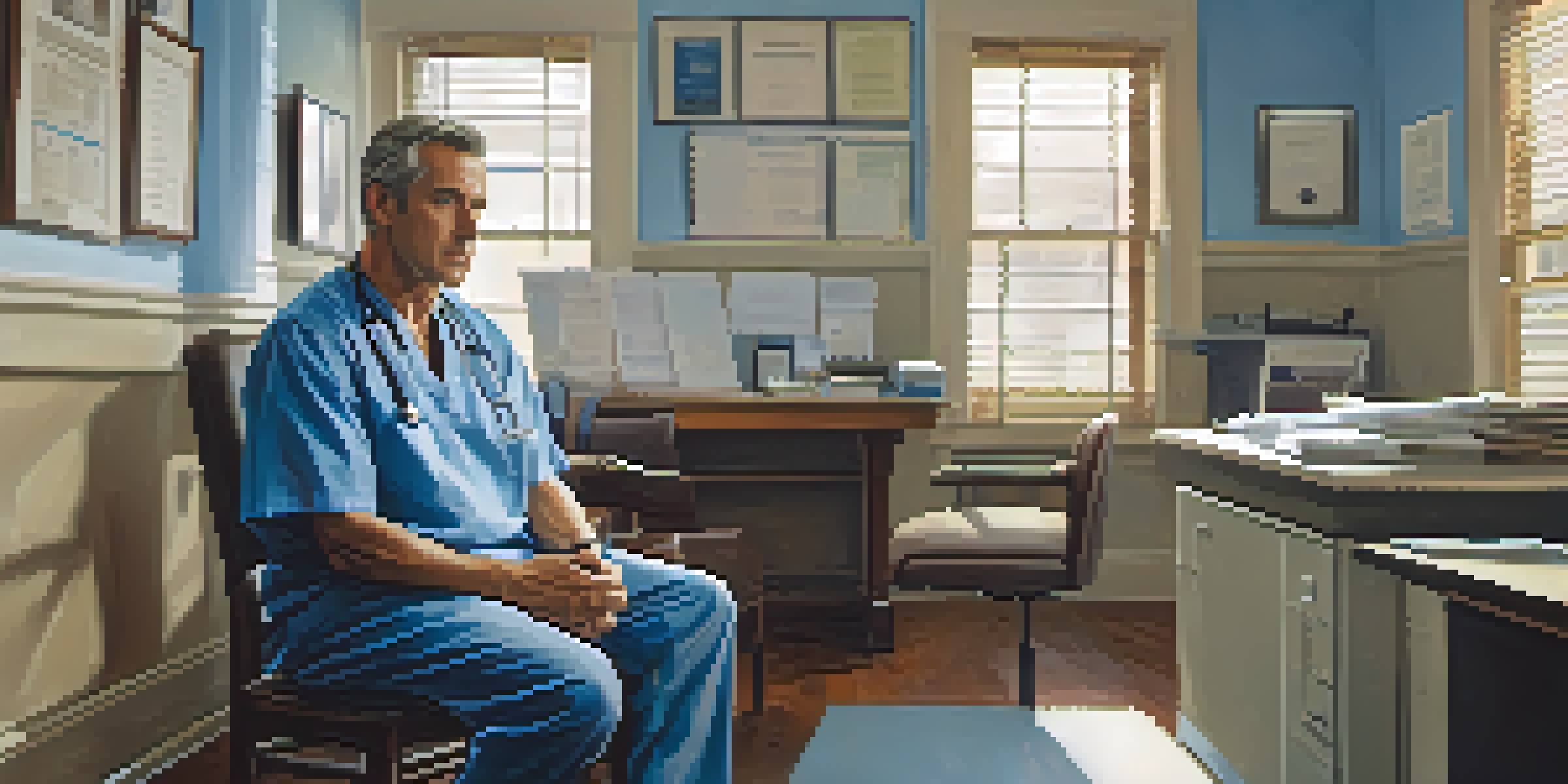 A middle-aged man in a doctor's office sitting on an examination table, looking thoughtful and calm.