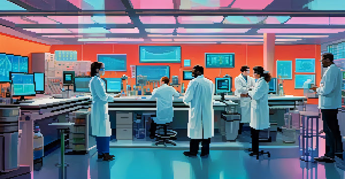 A diverse group of scientists working together in a modern laboratory, analyzing genetic data from a high-tech sequencing machine.