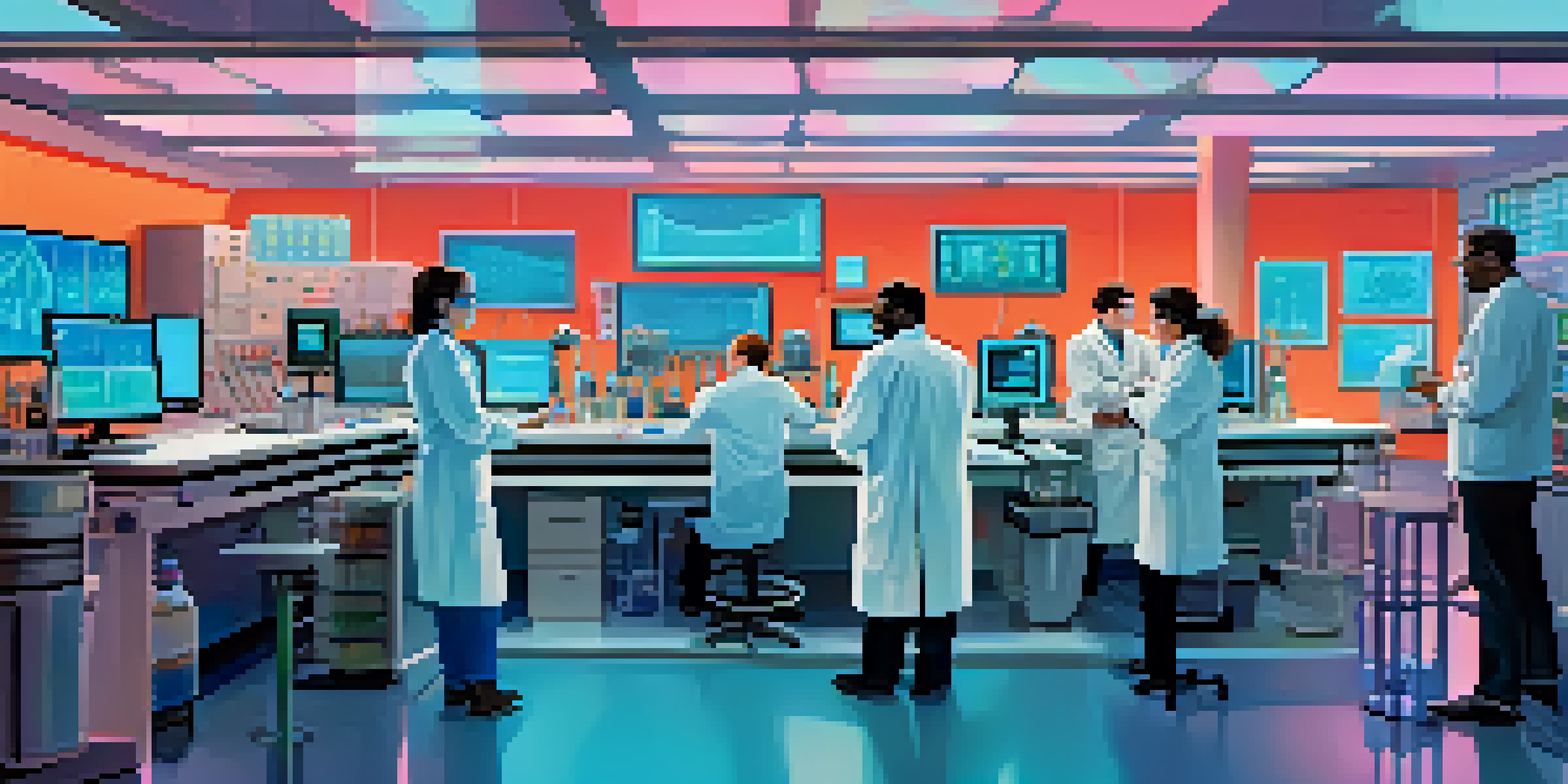 A diverse group of scientists working together in a modern laboratory, analyzing genetic data from a high-tech sequencing machine.