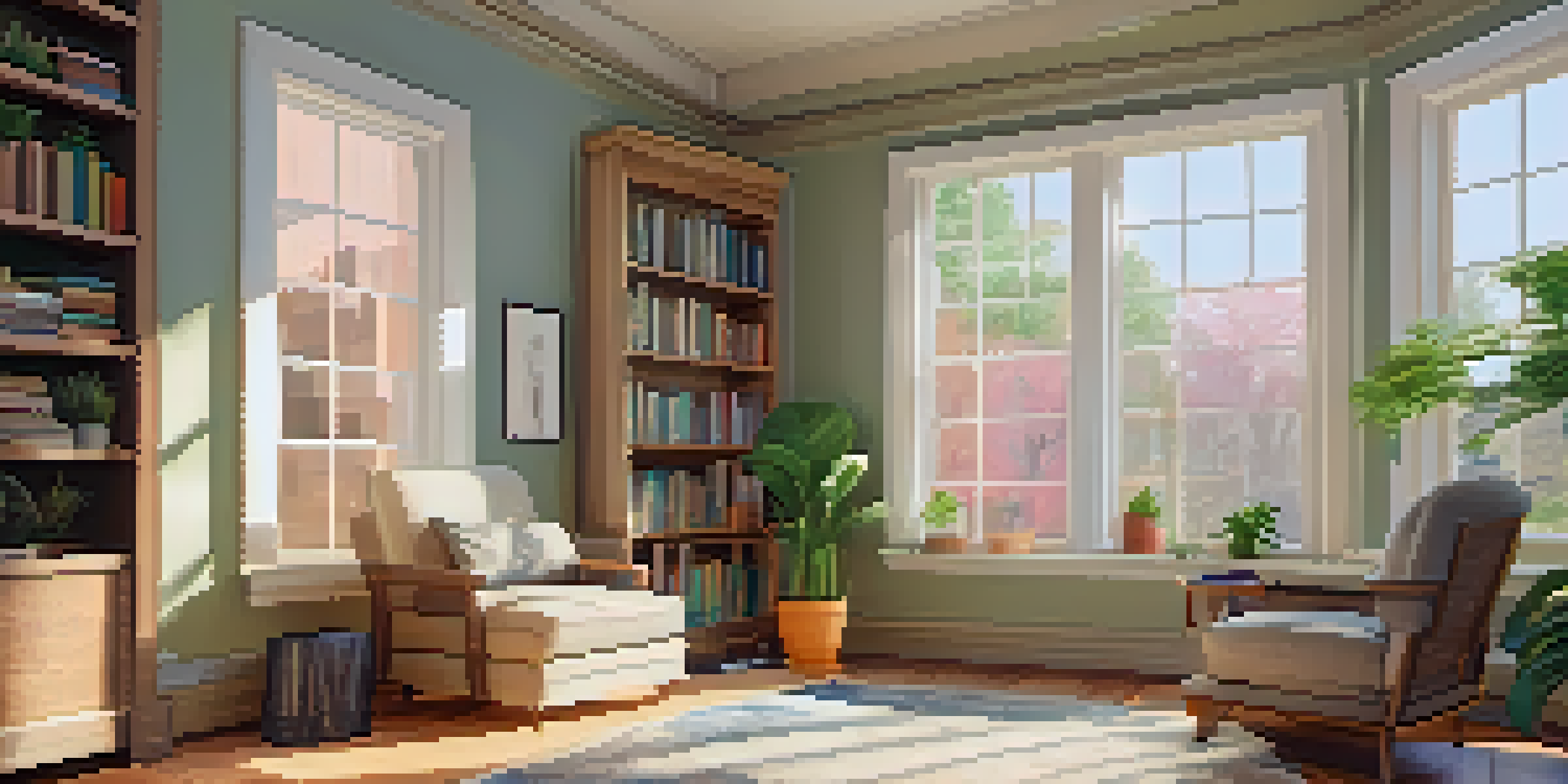 A cozy therapy room with soft lighting, an armchair, a coffee table, and books on mental health.