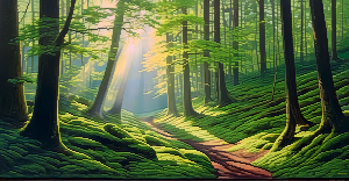 A peaceful forest scene at dawn with sunlight shining through trees and a mossy path.