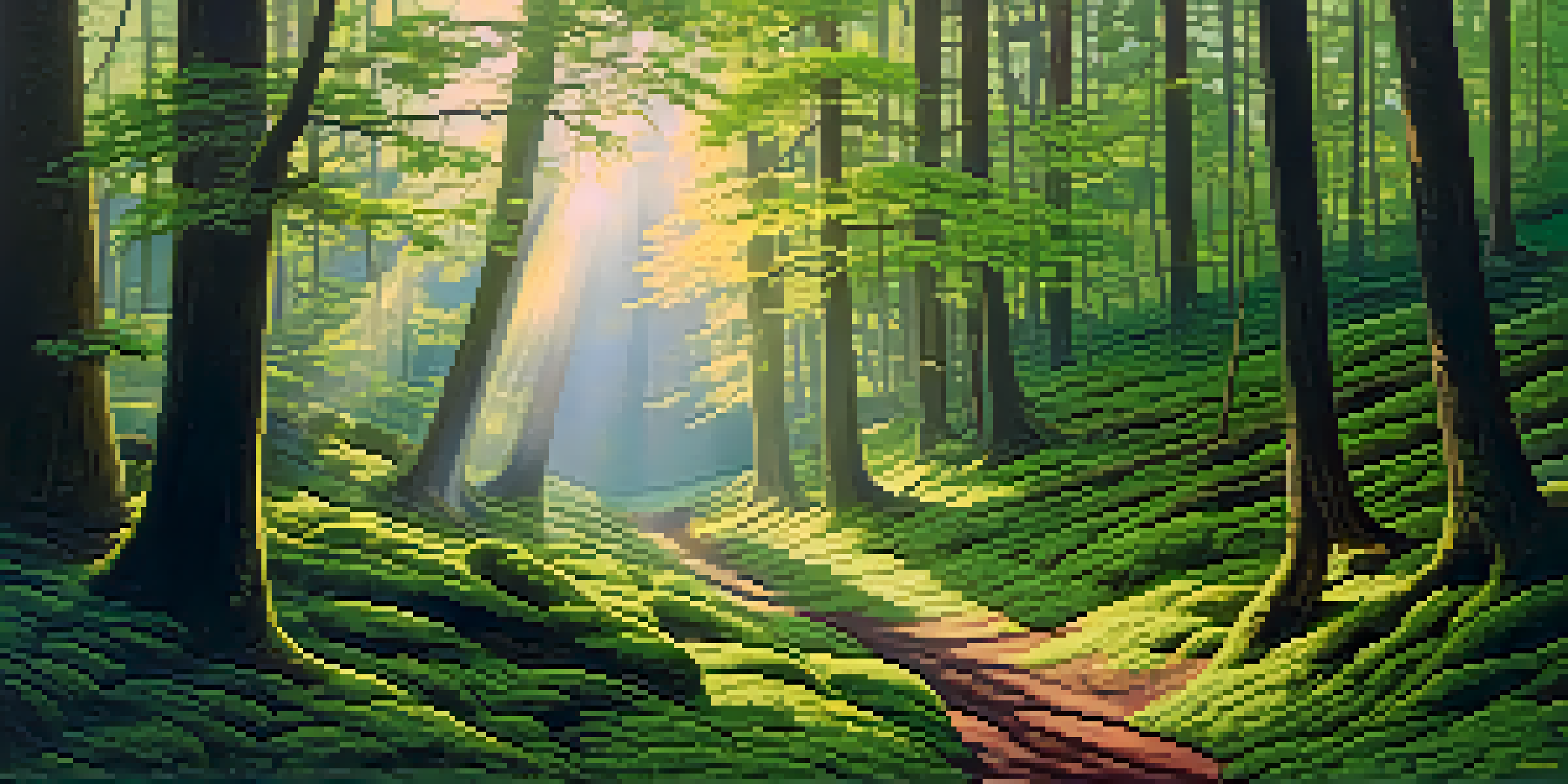 A peaceful forest scene at dawn with sunlight shining through trees and a mossy path.