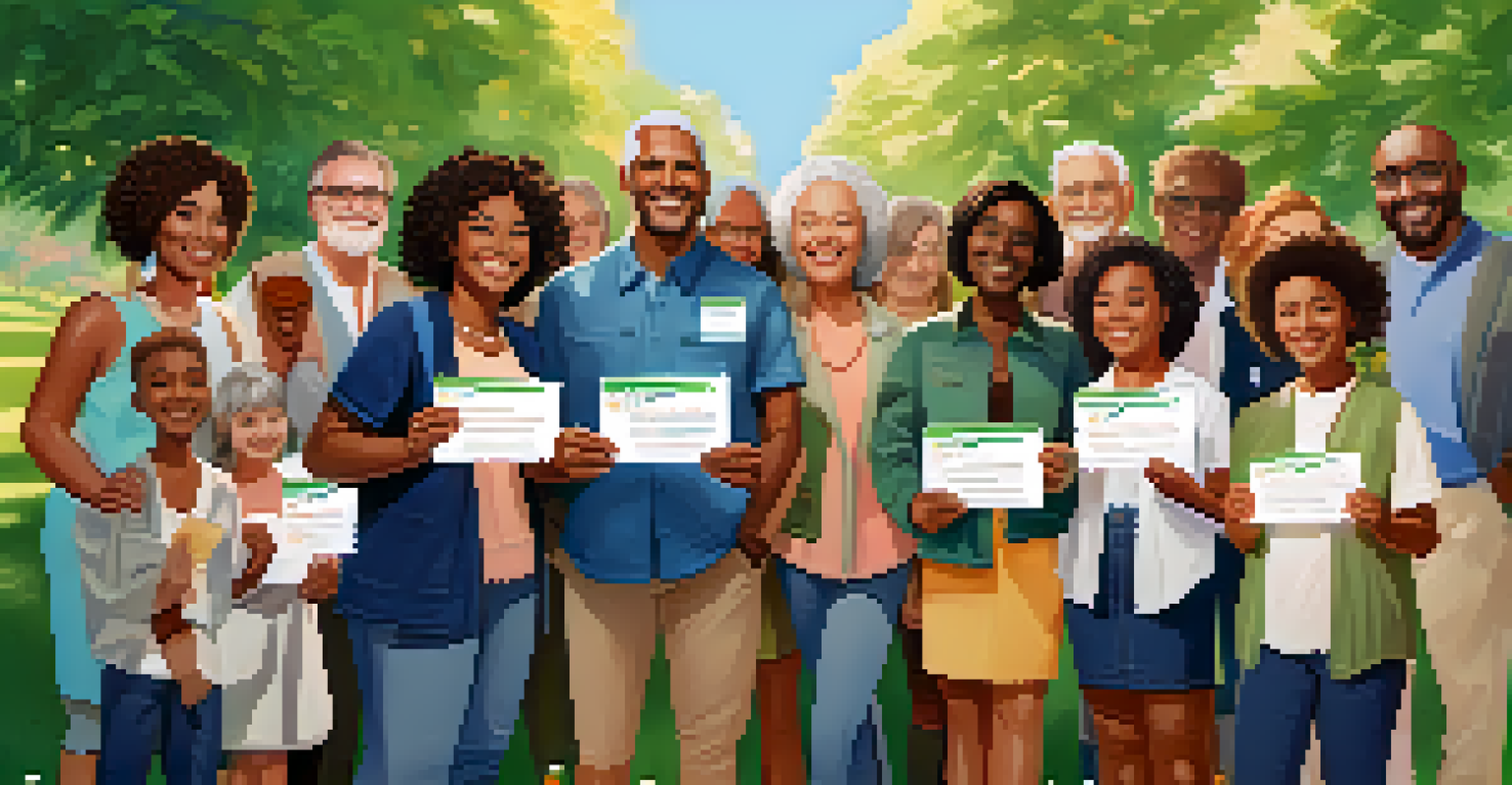 A diverse group of smiling people holding vaccination cards in a sunny park, representing community and health.