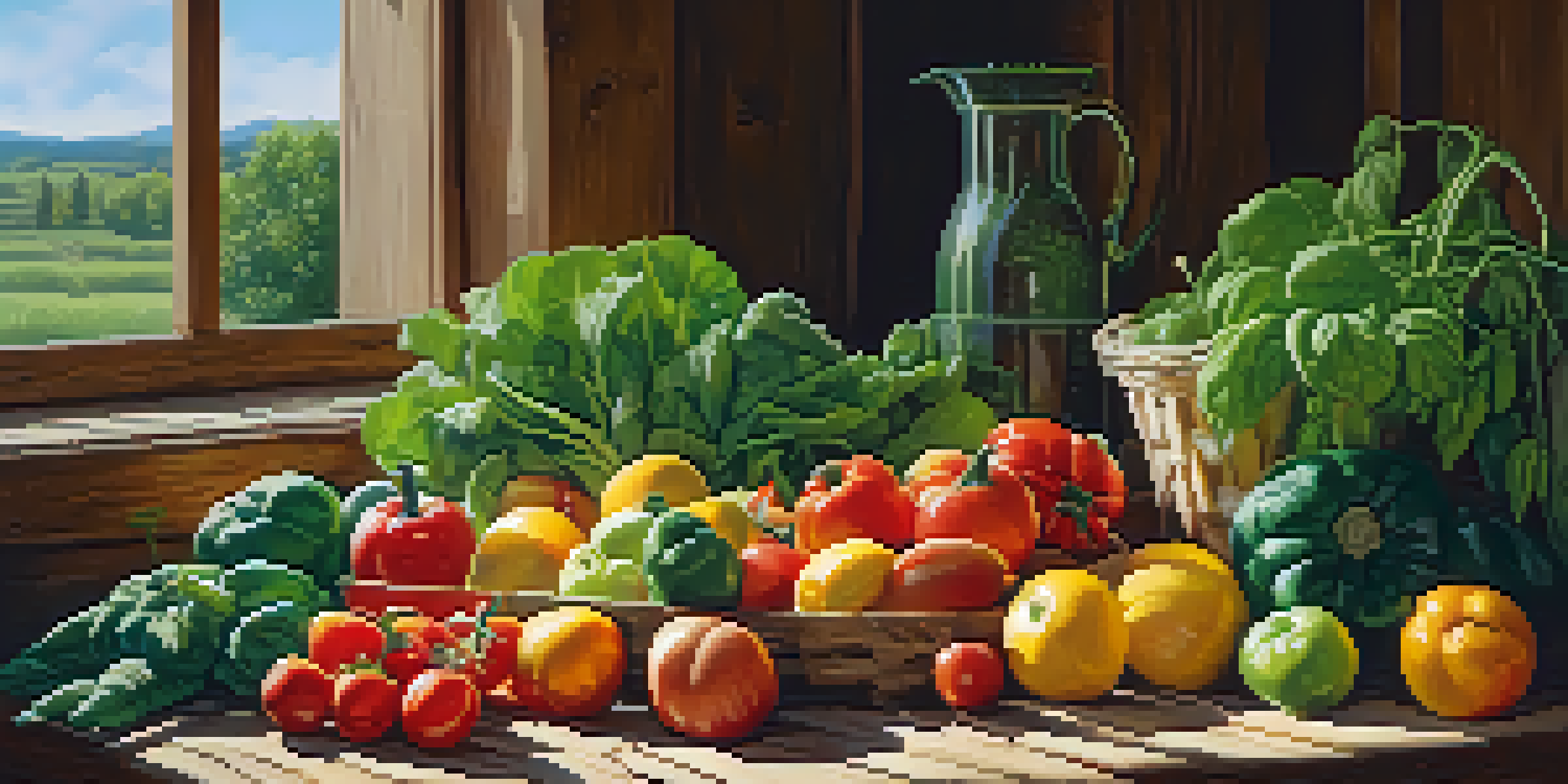 A colorful display of fresh fruits and vegetables on a wooden table, illuminated by soft natural light.