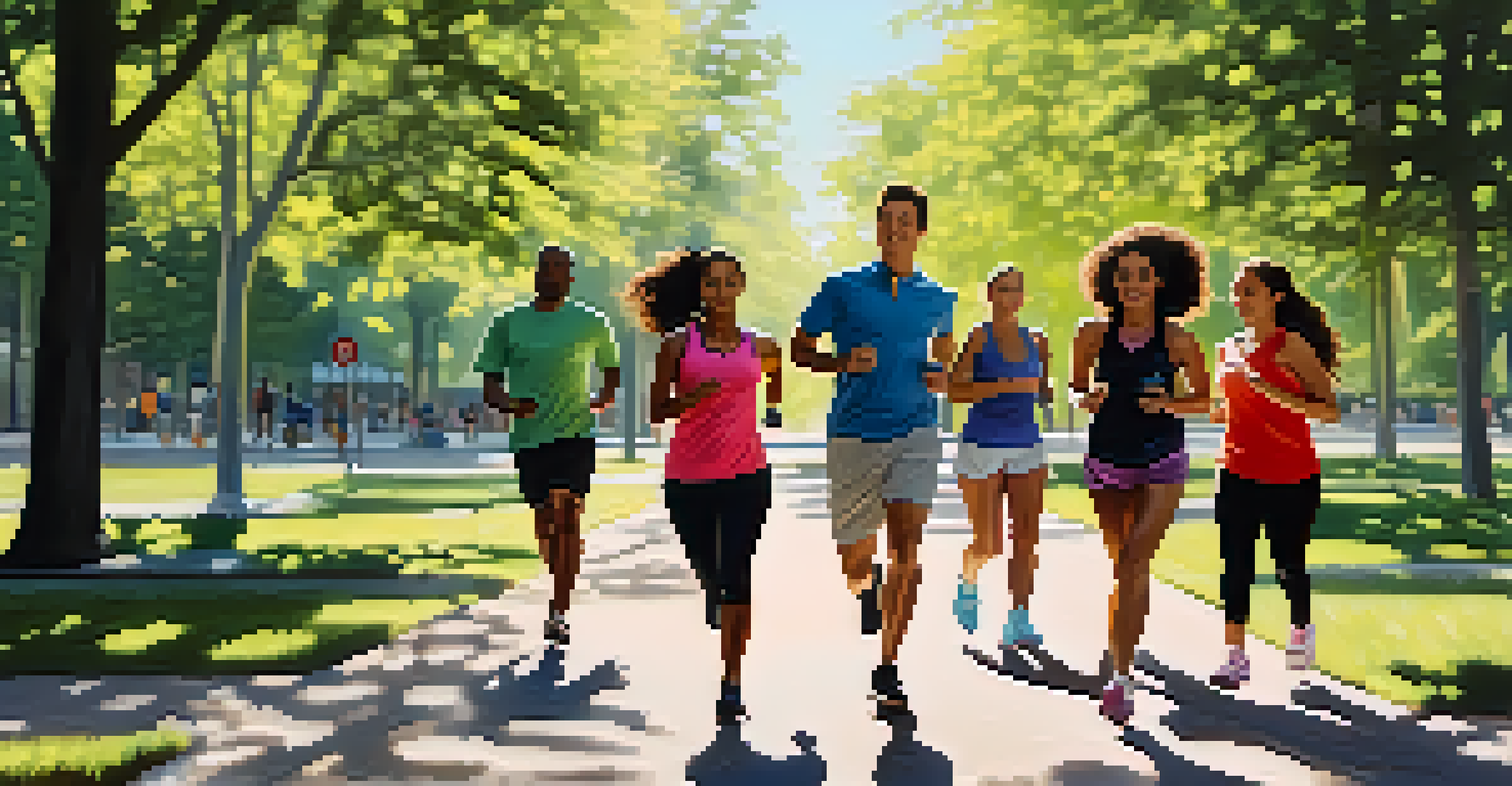 A diverse group of people jogging in a park, wearing fitness trackers and smartwatches, with sunlight filtering through the trees.