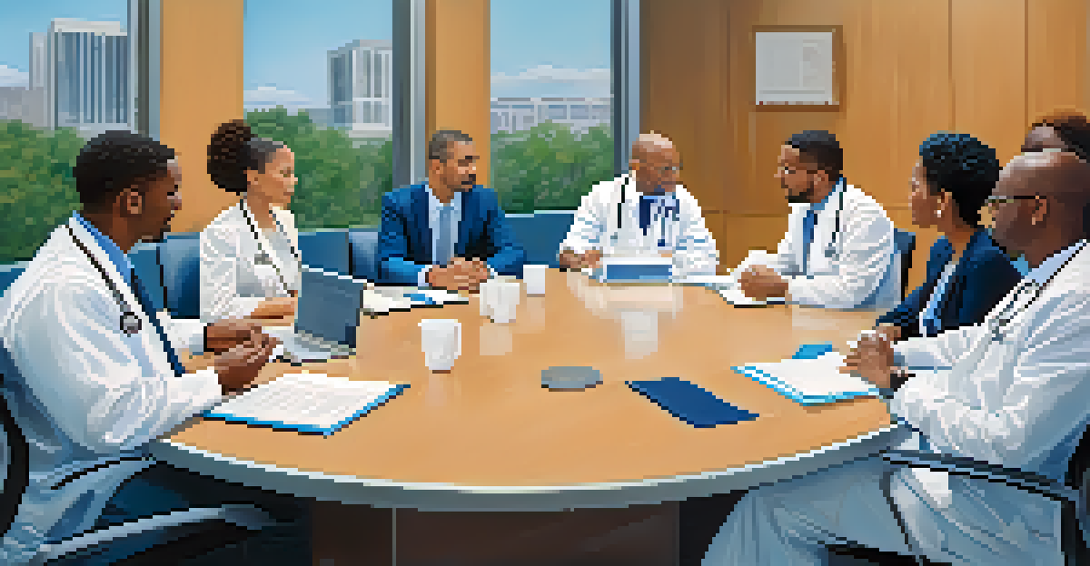 A group of healthcare professionals discussing around a table in a bright conference room.
