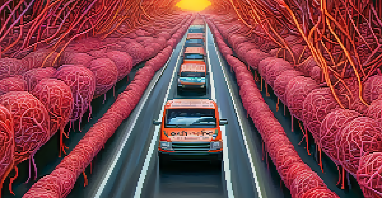 An artistic depiction of nanoparticles as tiny delivery trucks moving through a human body, surrounded by colorful blood vessels and tissues.