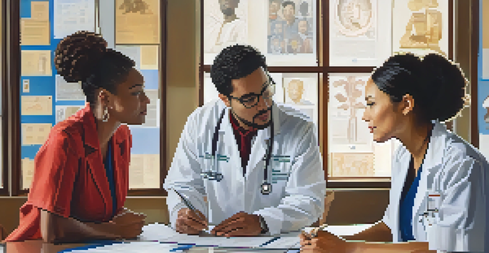 A diverse team of healthcare providers discussing medical charts in a brightly lit room with cultural symbols on the walls.