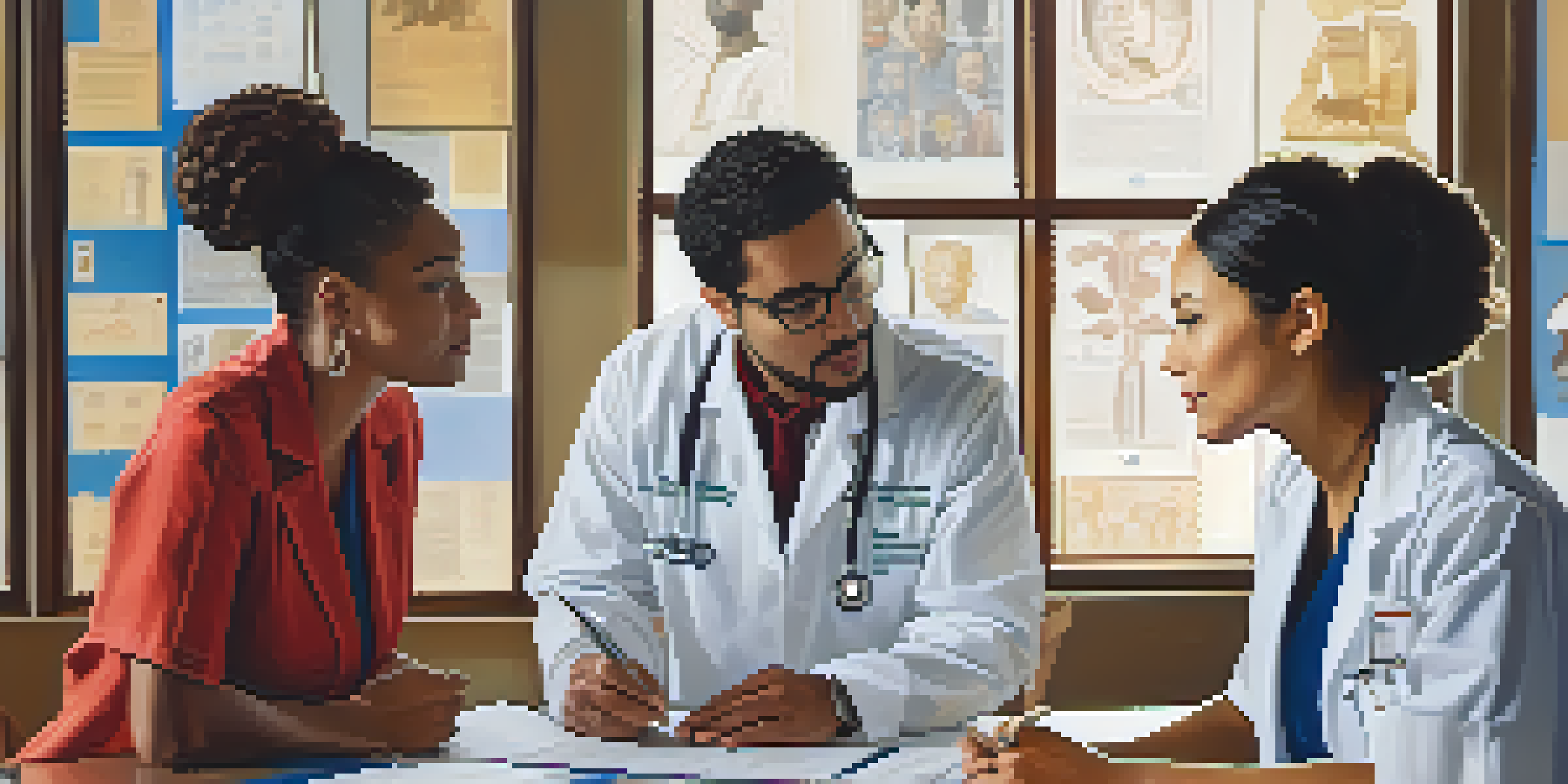 A diverse team of healthcare providers discussing medical charts in a brightly lit room with cultural symbols on the walls.