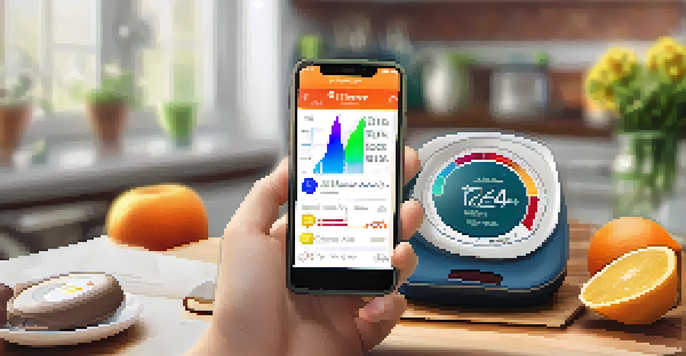 A smartphone in a kitchen showing a diabetes management app with various health tracking features.
