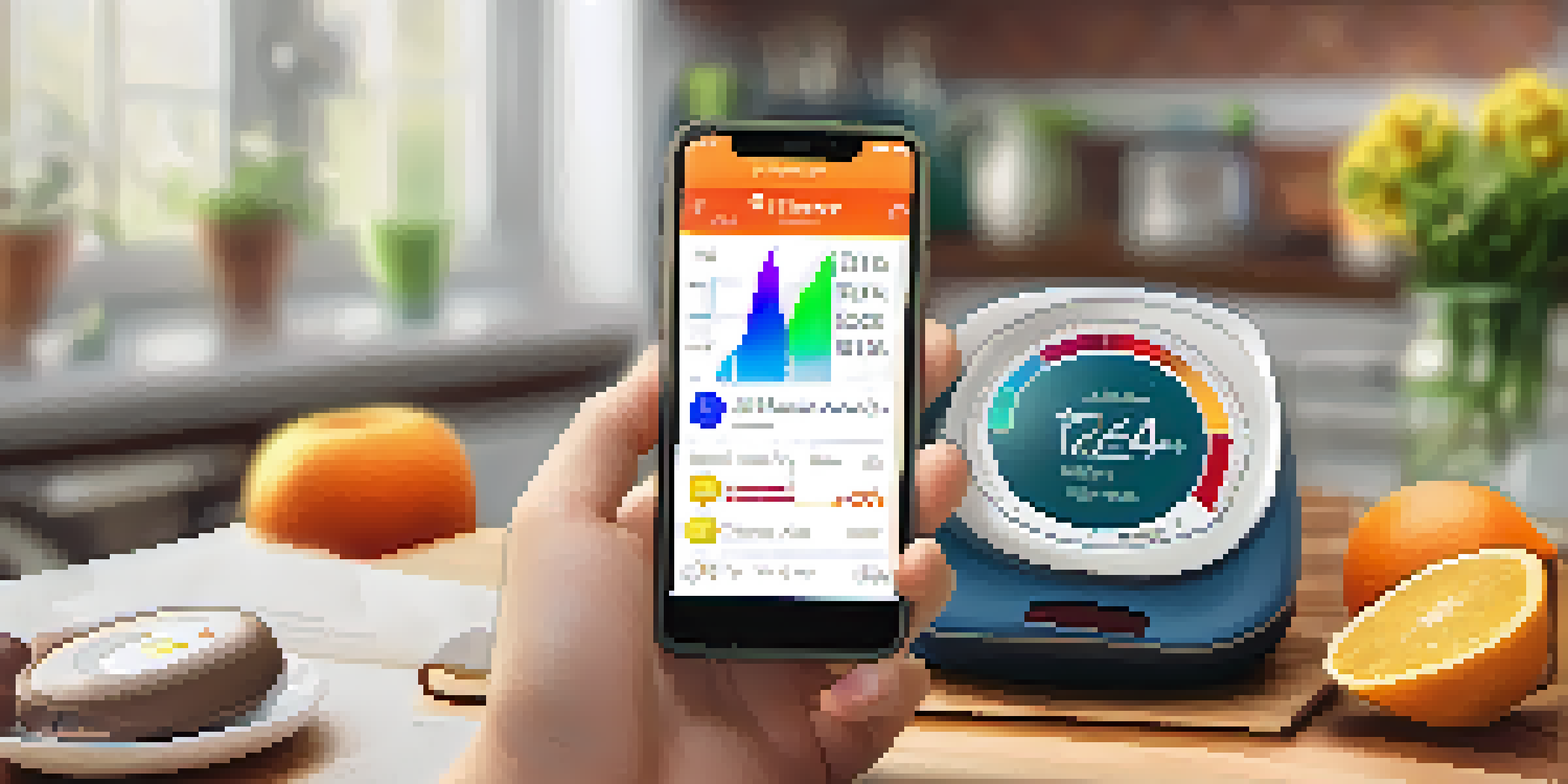 A smartphone in a kitchen showing a diabetes management app with various health tracking features.