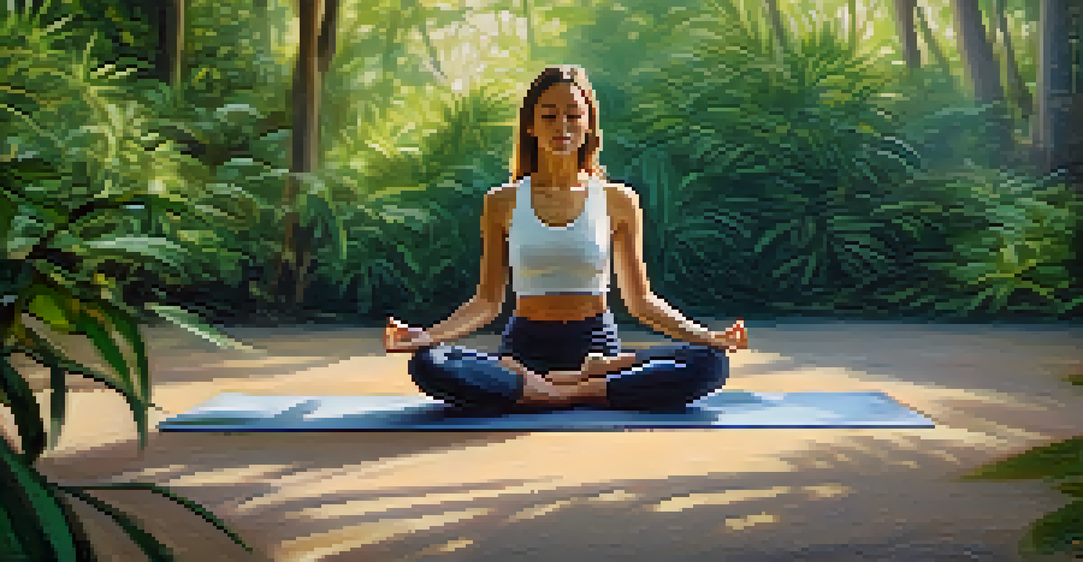 A person meditating in a cross-legged position with a calm expression, surrounded by blurred greenery.
