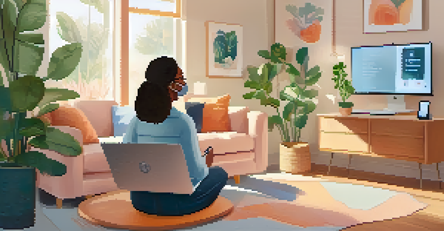 A person engaging in a telehealth session on a laptop, sitting in a cozy room decorated with plants, creating a welcoming environment.