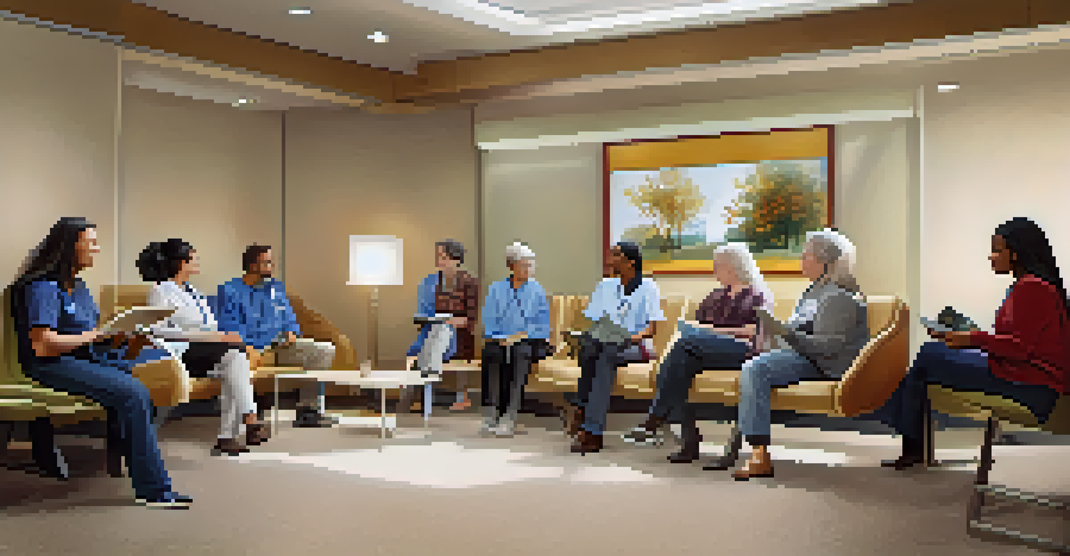 A diverse group of volunteers in a waiting room for a clinical trial, discussing and reading pamphlets.