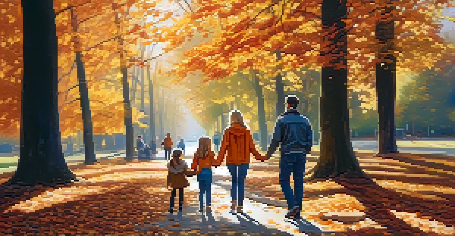 A family walking together in a park surrounded by autumn leaves, enjoying each other's company.