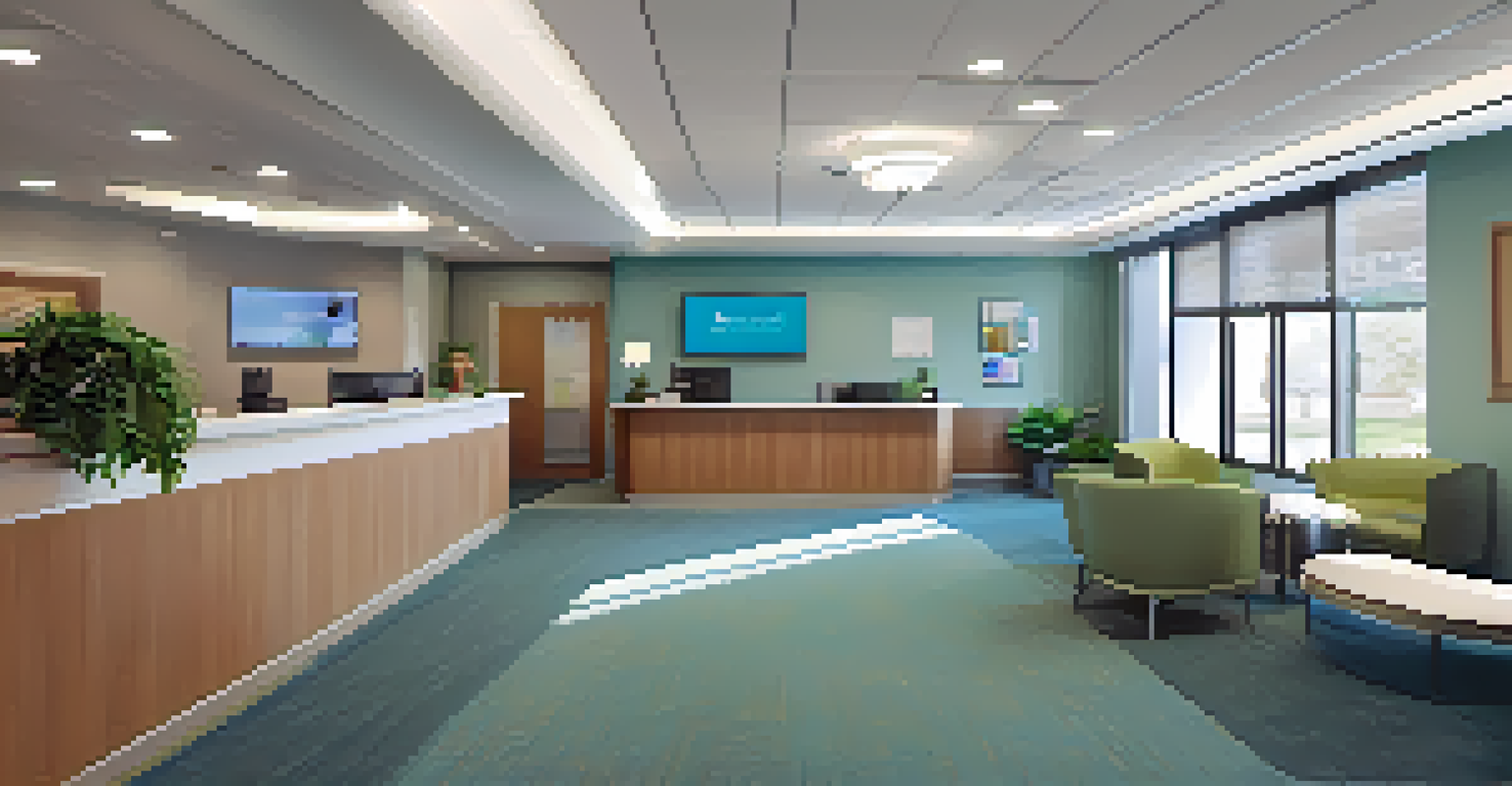 A healthcare reception area with a friendly receptionist and comfortable seating, bathed in natural light.